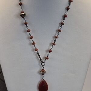 Lariat Y Necklace Red Carnelian Style Teardrop On Silver Rosary Chain